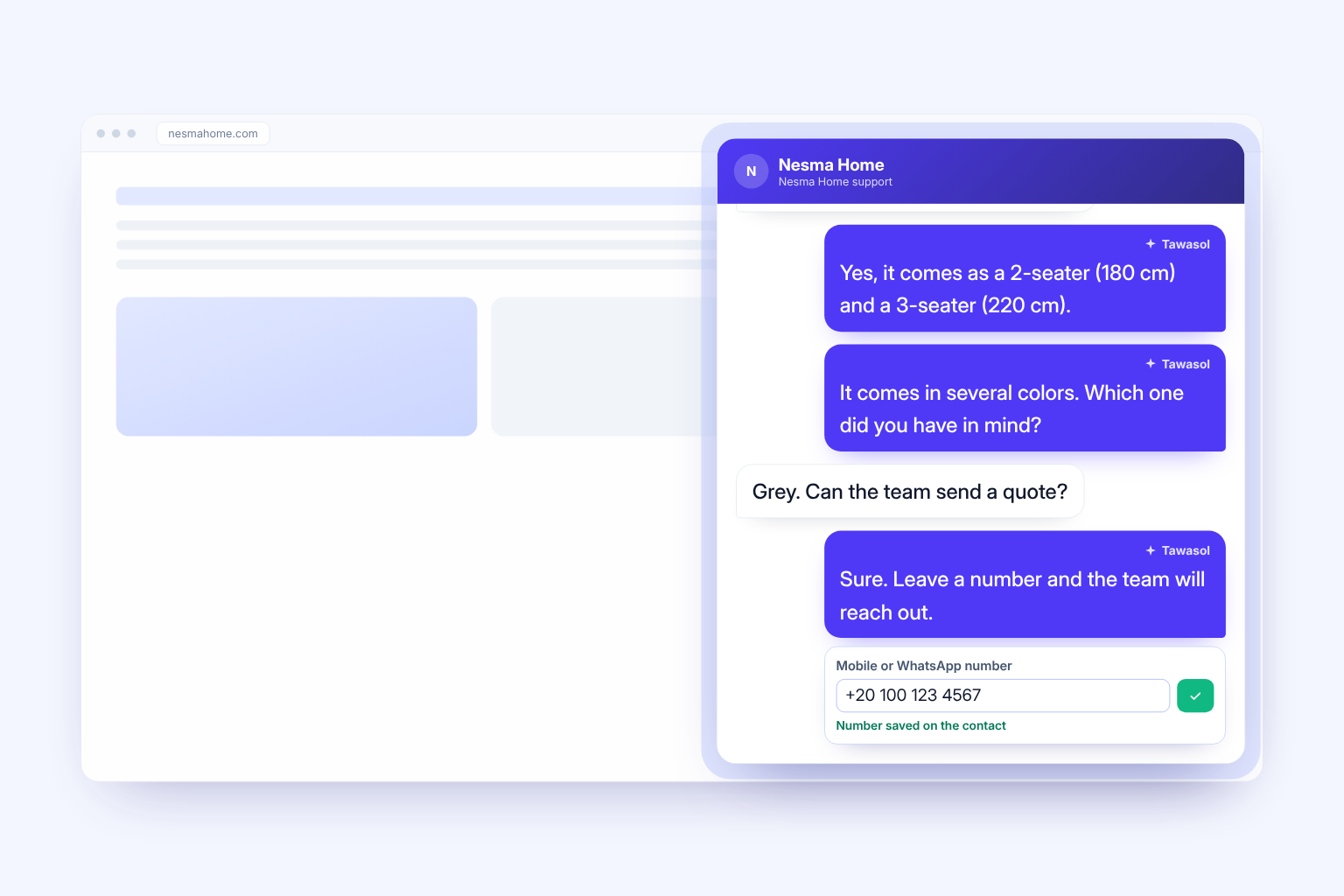 A business website with an open support Widget and a team handoff icon.