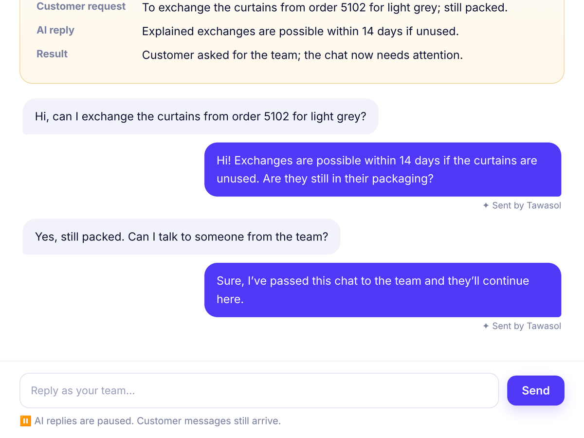 A team reply, with AI replies paused.